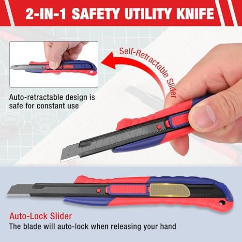 WORKPRO 2-In-1 Safety Utility Knife Retractable Snap-off blade, Metal Box - Image 2