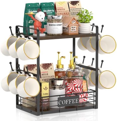 EsLuker.ly Coffee Mug Cup Holder Tree Bar Station Organizer, 2 Tier Brown by EsLukerly