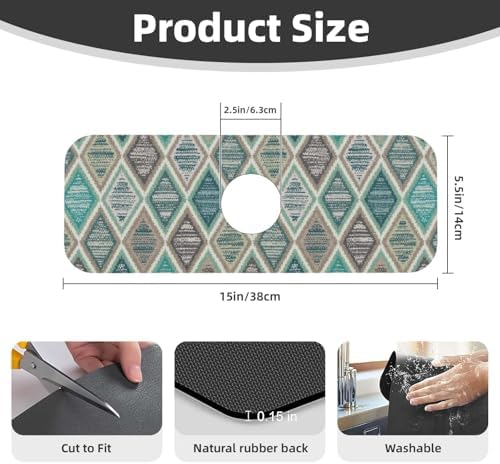 Teal And Brown Boho Style Kitchen Sink Splash Guard Faucet Mat Super Absorbent - Image 2
