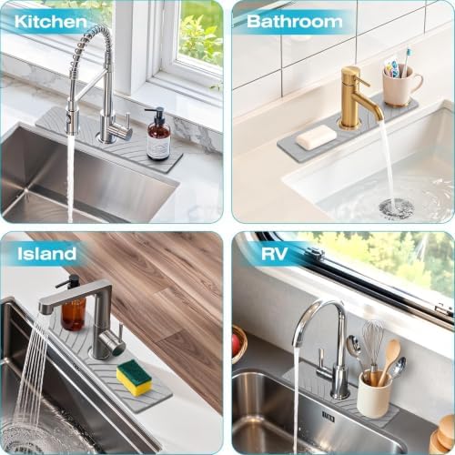 SpaceHacks Stone Faucet Mat for Kitchen Sink 15.7x4 in, Light Gray - Image 6