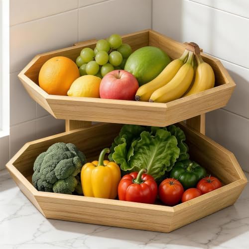 Wooden Fruit Basket for Kitchen Counter 2 Tier Fruit Bowl for Corner by Tequie