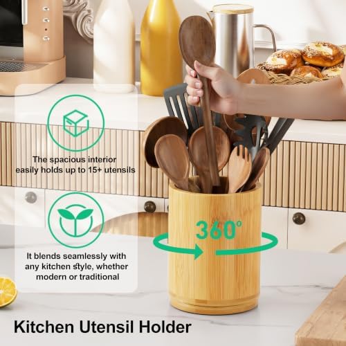 ZUJJAFY Bamboo Utensil Holder, 360° Rotating Kitchen Utensil Holder - Image 6