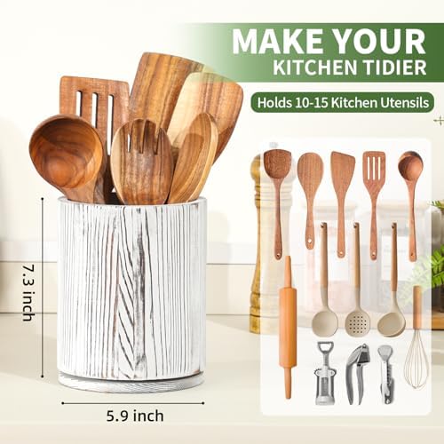 Distressed White Utensil Holder, 360° Rotating 7.3 in Kitchen Organizer - Image 2
