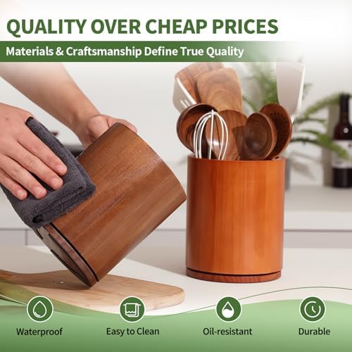 Wood Utensil Holder, 360° Rotating 7.3 in Kitchen Organizer - Image 4