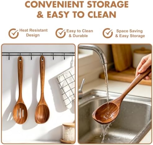 Large Wooden Cooking Spoon Set, Non-Stick Slotted and Corner Serving Spoon - Image 4