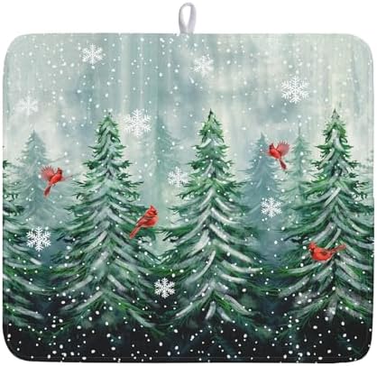 Welcome Winter Pines Tree Dish Drying Mat, Winter Snowflake Dish Drying Mat by Kawani