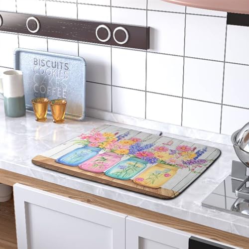 Daisy Dish Drying Mat for Kitchen Counter Spring Summer Flowers Vases Dishes - Image 5
