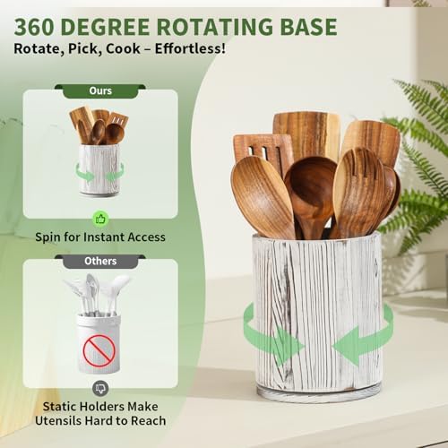 Distressed White Utensil Holder, 360° Rotating 7.3 in Kitchen Organizer - Image 3