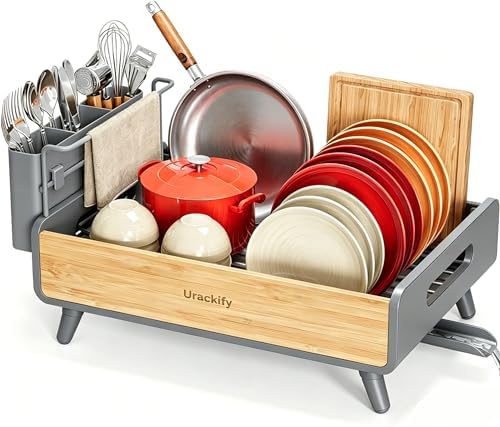Urackify Modern Dish Rack for Kitchen Counter, Stainless Steel & Bamboo by Urackify