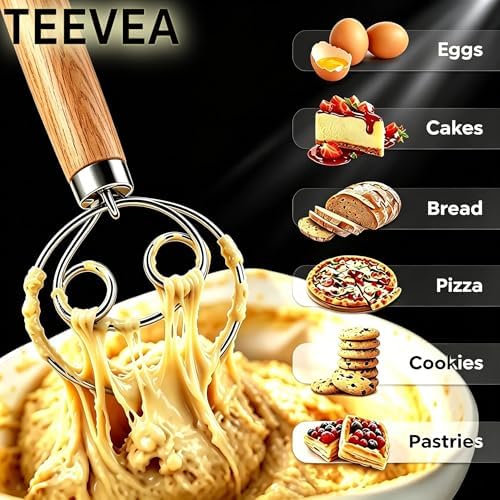 TEEVEA Danish Dough Whisk Stainless Steel Wooden Handle - Image 2