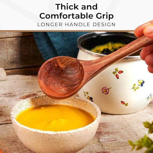 Wooden Ladle for Cooking, 12.4" Teak Soup Spoon, Medium 2 oz Serving Scoop - Image 5