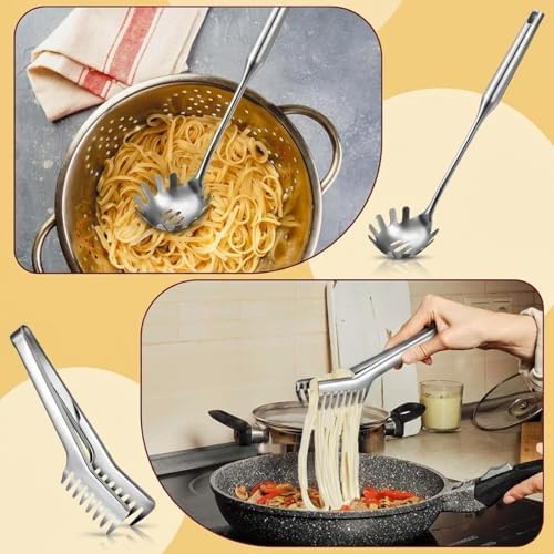 Patelai Stainless Steel Spaghetti Spoon and Pasta Tongs Set, Long Handle Noodle - Image 6