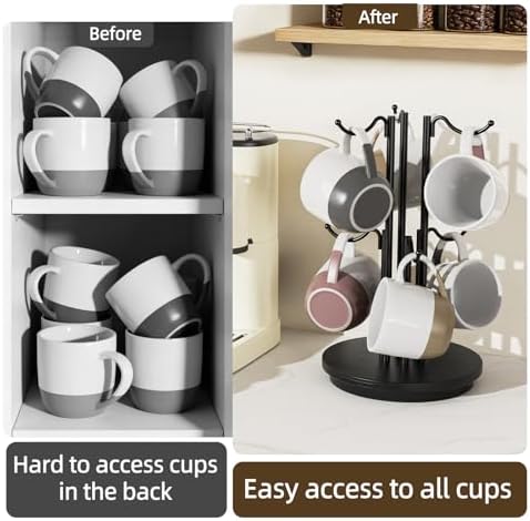 6-Hook 360° Rotating Large Coffee Mug Holder Tree, Wood Base - Image 7