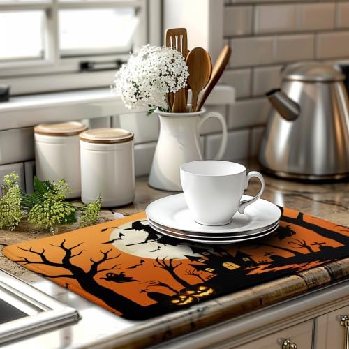 Halloween Dish Drying Mat for Kitchen Counter 18x24 Witch Castle Bats Ghost - Image 6