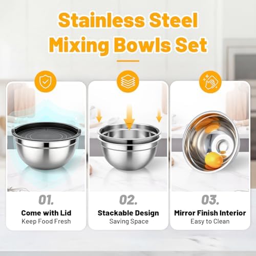 Beasea Mixing Bowls with Lids Set, 2 Pack 2 QT Stackable Stainless Steel Mixing - Image 3