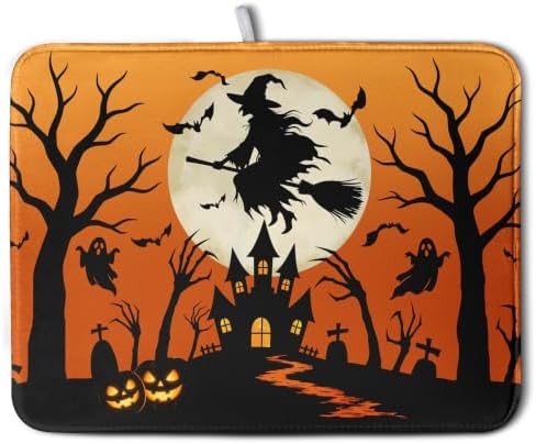 Halloween Dish Drying Mat for Kitchen Counter 18x24 Witch Castle Bats Ghost by Wnoesat