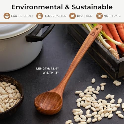 Wooden Ladle for Cooking, 12.4" Teak Soup Spoon, Medium 2 oz Serving Scoop - Image 6