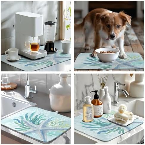 Summer Coastal Dish Drying Mat for Kitchen Counter Nautical Beach Starfish - Image 7
