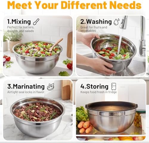 Beasea Mixing Bowls with Lids, 2 Pack 4 QT Stackable Stainless Steel Mixing - Image 6