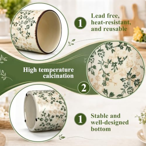 Rustic Rotating Ceramic Utensil Holder Brown Green Floral 6.9" - Image 4