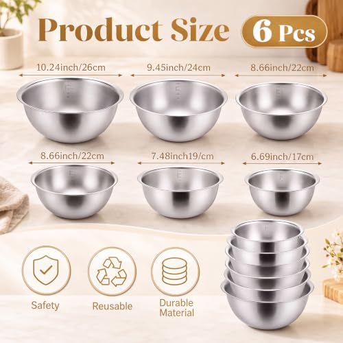 6 Pcs Stainless Steel Nesting Mixing Bowls Set 6 Sizes 0.5qt‑5qt - Image 3