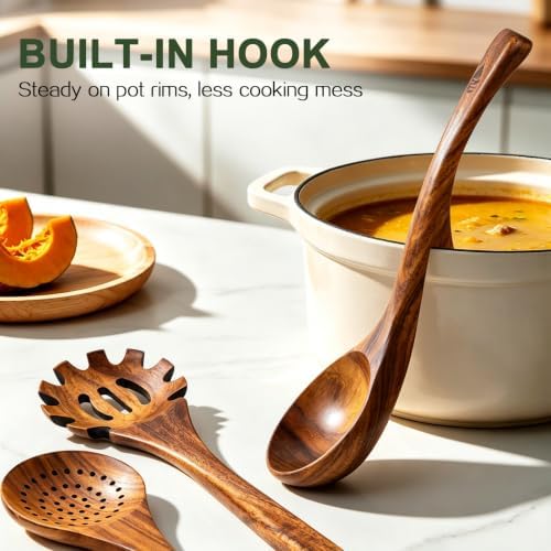 3 Pcs Teak Wooden Soup Ladle, Pasta & Slotted Spoon - Image 2