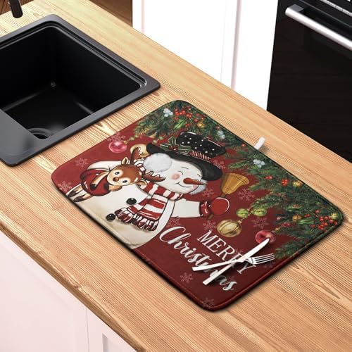 Christmas Dish Drying Mats for Kitchen Counter 18x24 Cute Snowman Red Dish - Image 6