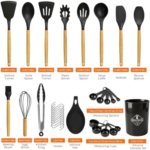 33 Pcs Silicone Kitchen Cooking Utensils Set, Wood Handle & Holder - Image 2