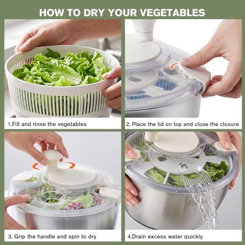 Greentainer 5.3QT Stainless Steel Salad Spinner, Hand-cranked Lettuce Spinner - Image 3