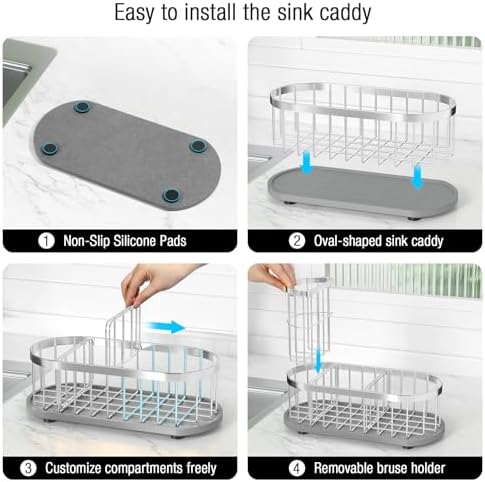 Sink Caddy with Stone Drying Mat, Sponge Holder & High Brush Holder - Image 5
