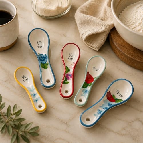 WAYUTO Ceramic Measuring Spoons Set, 5 Piece Flower Measuring Spoons, Cute by WAYUTO