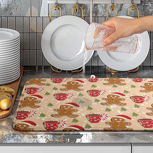 Cute Gingerbread Man Xmas Dish Drying Mat, Absorbent Dish Pad, 18x24 inch - Image 5