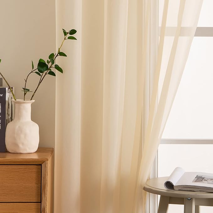 MIULEE Cream Beige Sheer Curtains 54 X 96 Inches, 2 Panels | Solid Color - Image 5