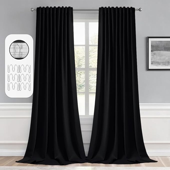MIULEE Black Back Tab Blackout Curtains 52x92 Inch Long 2 Panels Set | Rod by MIULEE