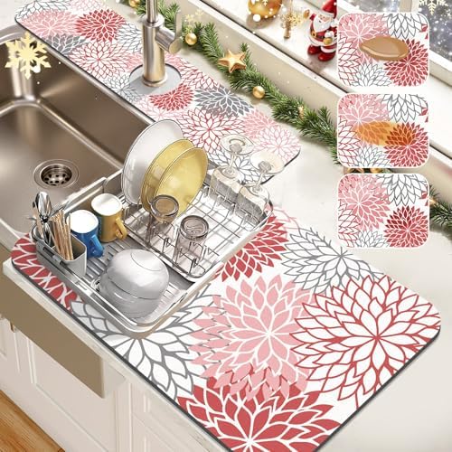 Findosom 2Pcs Floral Christmas Dish Drying Mat & Sink Splash Guard by Findosom