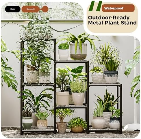 Bamworld Black Plant Stand Outdoor Metal Plant Shelf - Image 2