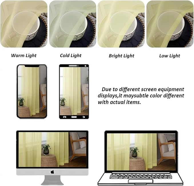 Chyhomenyc Sheer Curtains 63 Inch Length 2 Panels, Light Yellow | Light - Image 4