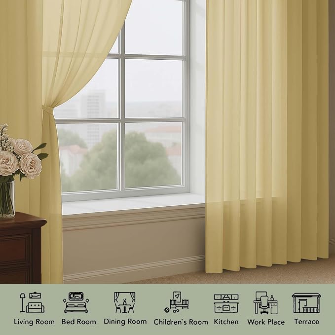 Gold Sheer Curtain 90 Inches Long 2 Panels Set, Solid Filmy Drapes - Image 3
