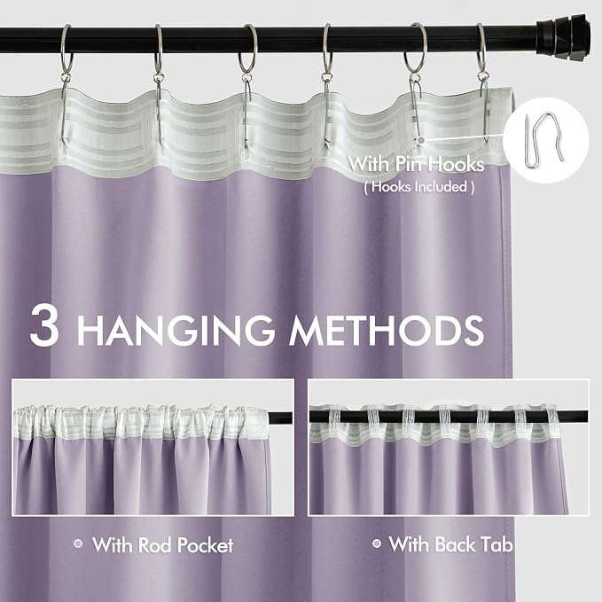 MIULEE Lilac Back Tab Blackout Curtains 52x63 Inches Long 2 Panels Set | Rod - Image 3