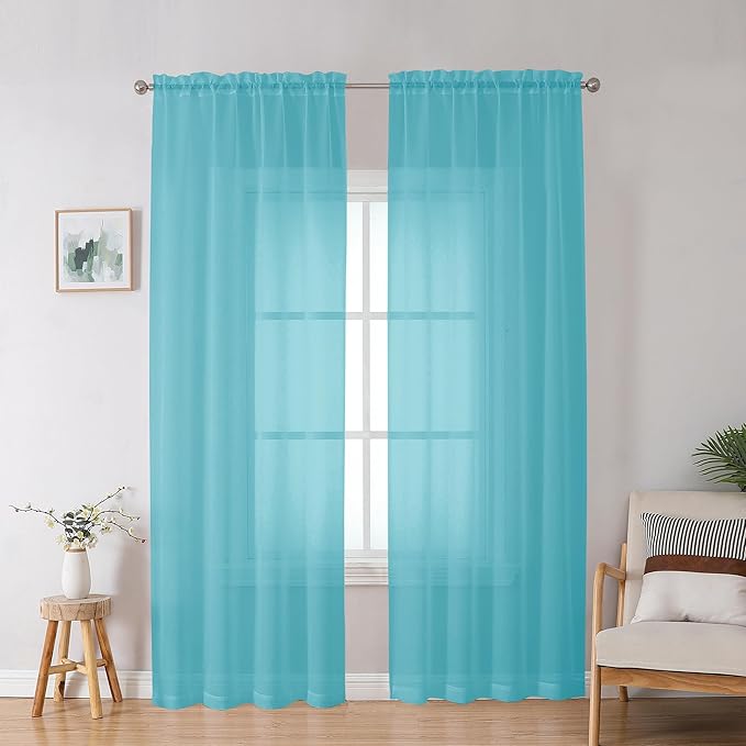 Aqua Sheer Curtains for Bedroom Living Room 90 Inches Long, Elegant Solid Light by OWENIE