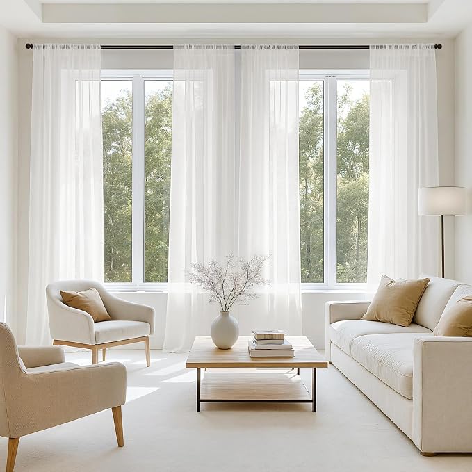 MIULEE Beige White Sheer Curtains 96 Inches Long 4 Panels 42 x 96 Inches | by MIULEE