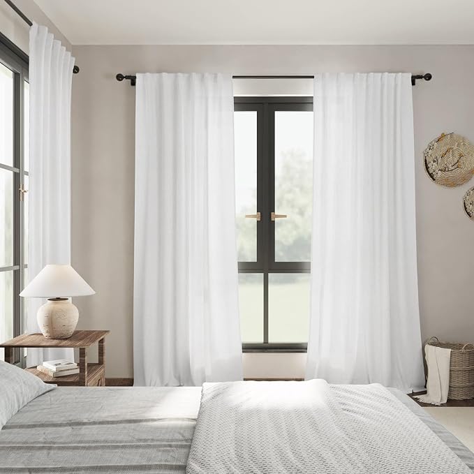 White Linen Curtains 98 Inches Long 2 Panels Set Back Tab Rod Pocket Semi Sheer - Image 7