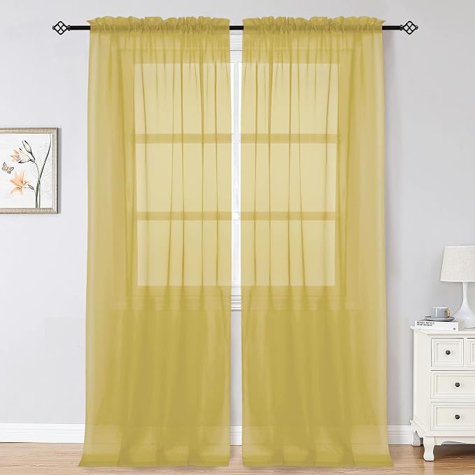 Gold Sheer Curtains 96 Inch Length 2 Panels Set, Elegant Sheer Curtains by OWENIE