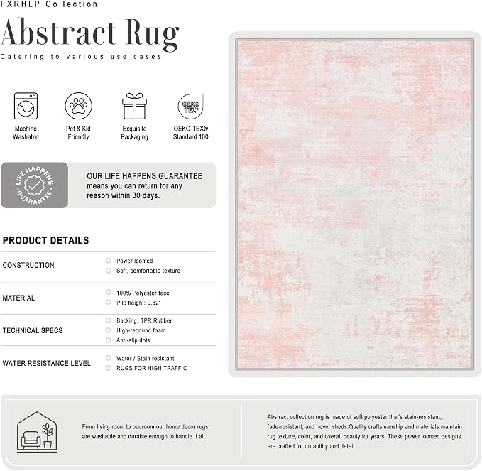 2x5 Washable Runner Rug：Modern Abstract Soft Carpet Pink White | - Image 3