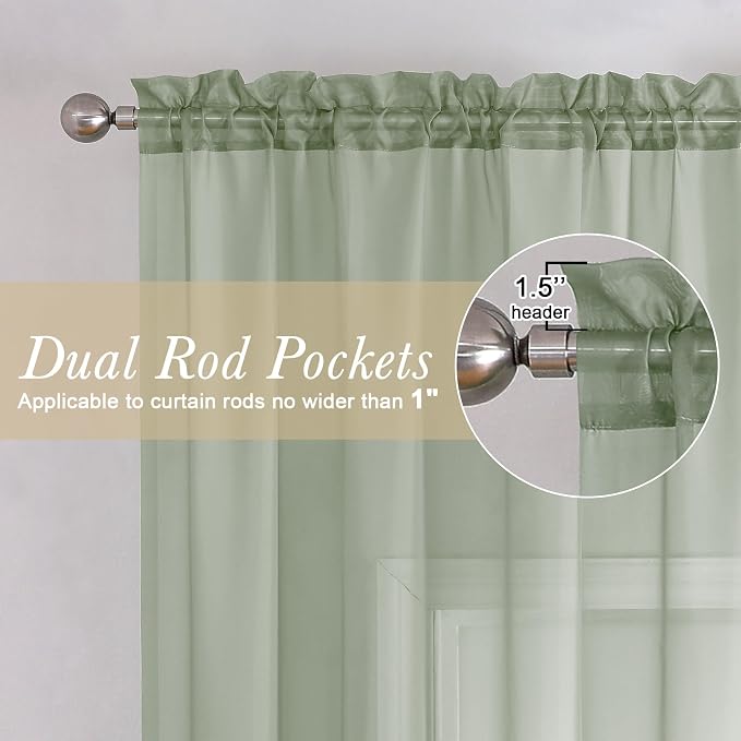 Sage Green Sheer Curtains 84 Inches Long 2 Panels Set, Solid Airy Voile Sheer - Image 4