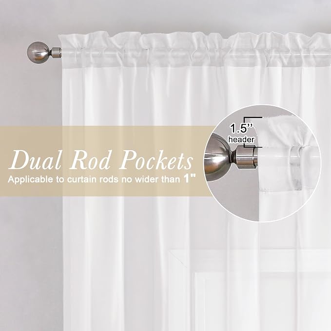 Sheer White Curtains 45 Inch Length 2 Panels, Airy Voile Short Curtains - Image 2