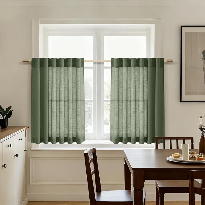 Olive Green Linen Curtains 30 Inch Length Short Kitchen, Semi Sheer Boho Cafe - Image 5