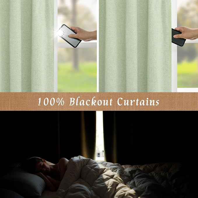 Light Green 100% Blackout Linen Curtains 63 Inches 2 Panels | Linen Textured - Image 3
