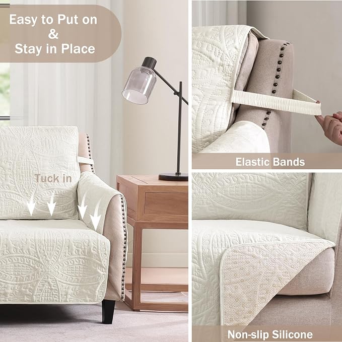 Ivory Recliner Chair Covers, Quilted Décor Water-Repellent Medium Lazy Boy - Image 3