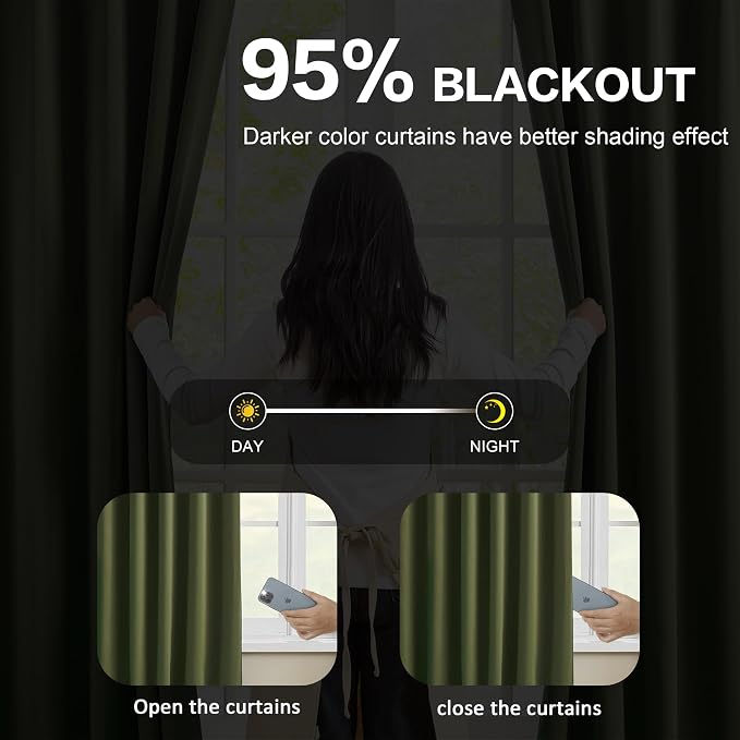Olive Green Curtains Pinch Pleat wtih Hooks, Block Out Sound Reducing Light - Image 3